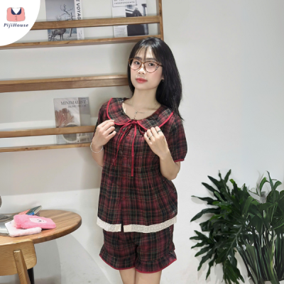 kiểu đồ bộ vải đũi trẻ trung mẫu kẻ đỏ