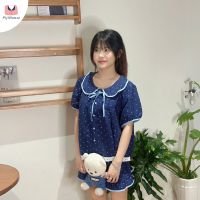 kiểu đồ bộ vải đũi trẻ trung mẫu xanh navy